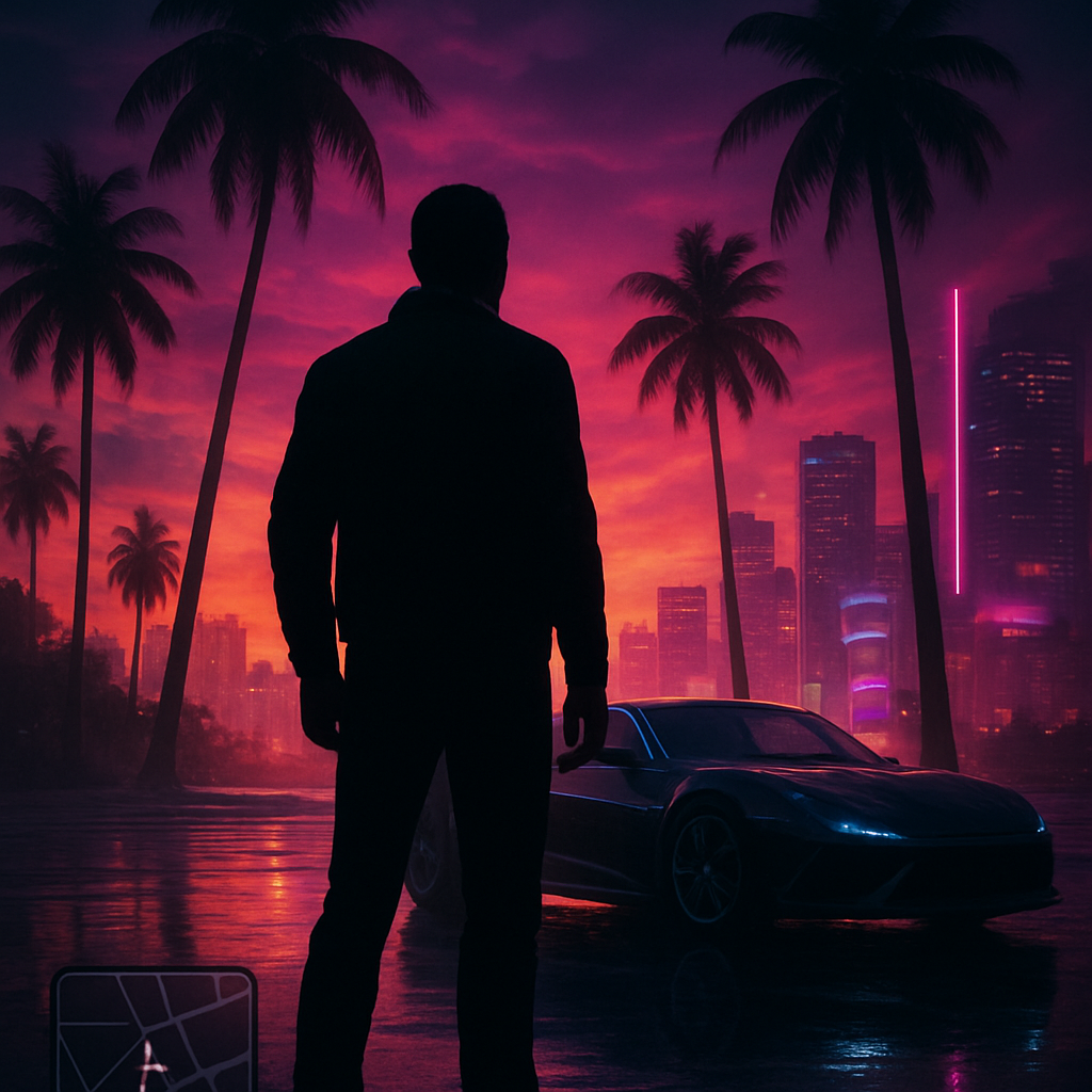 Poster placeholder with character, sports car, palm trees and city skyline